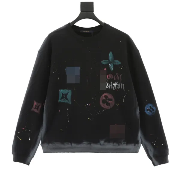 Louis Vuitton Water-Washed Distressed Hand-Painted Round-Neck Hoodie Black - 12