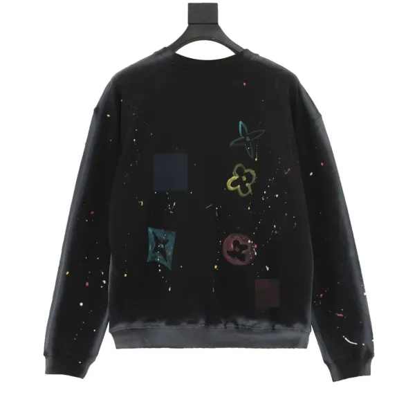 Louis Vuitton Water-Washed Distressed Hand-Painted Round-Neck Hoodie Black - 13