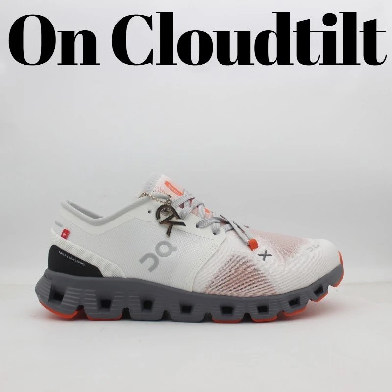 On Sneakers Mesh lace-up with segmented CloudTec-style sole — White, gray, and orange