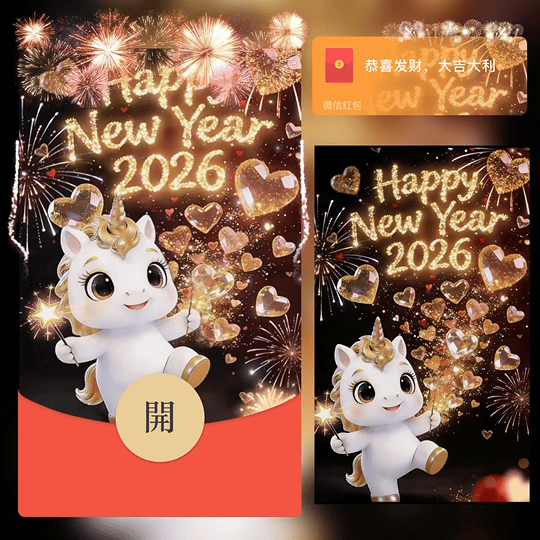 2026新年快乐 爱心烟花小马/bz红包封面皮肤