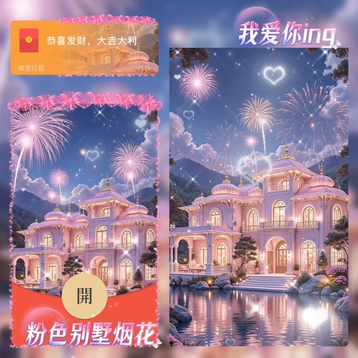 粉色别墅烟花/sq红包封面皮肤