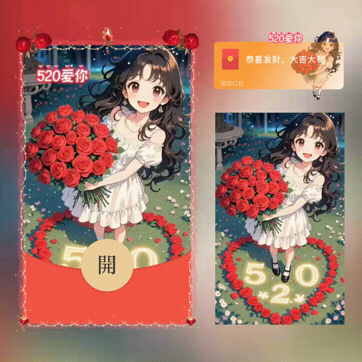 【卡密兑换】微信红包封面『520爱你女款/新版动态/xn』官方卡密丨端内兑换丨24小时自助提卡！