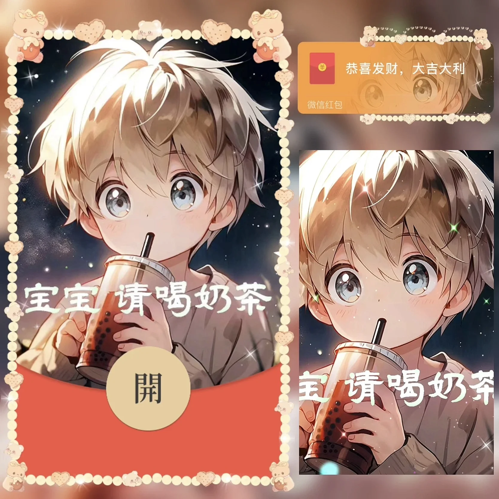 【卡密兑换】微信红包封面『宝宝请喝奶茶 男款』官方卡密丨端内兑换丨24小时自助提卡！