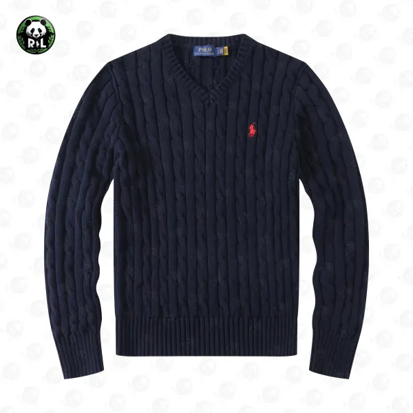 Ralph Lauren V-Neck Sweater Navy with Green Pony Logo - 13
