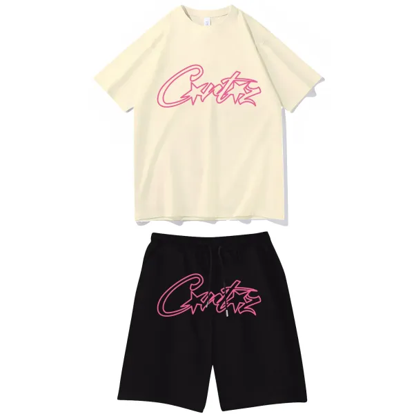 Olympic Rings Print Casual Set Beige T-Shirt and Black Shorts - 9