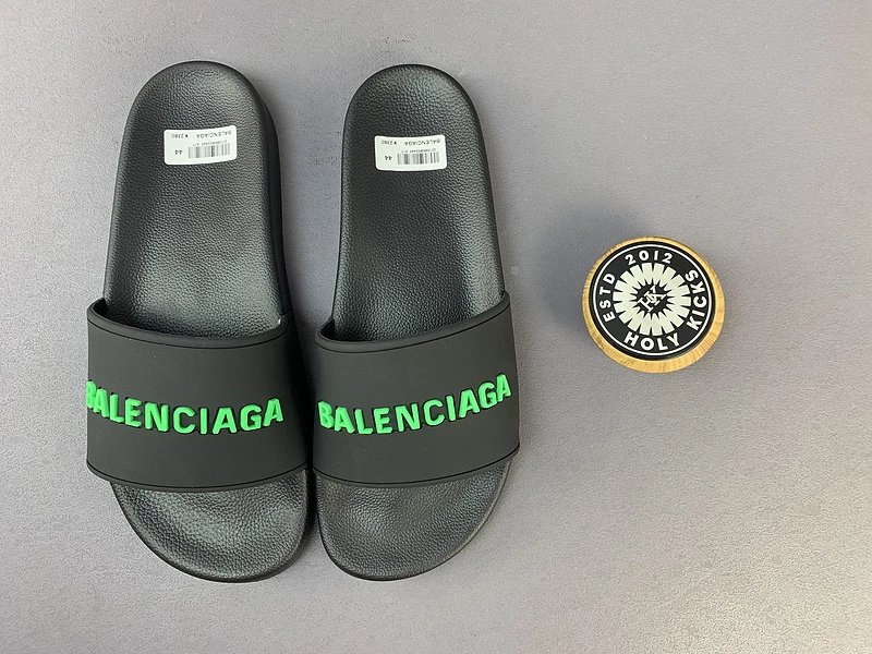 Holy Kicks x BALENCIAGA Slide Sandals Black with Neon Green Logo Slippers - 13