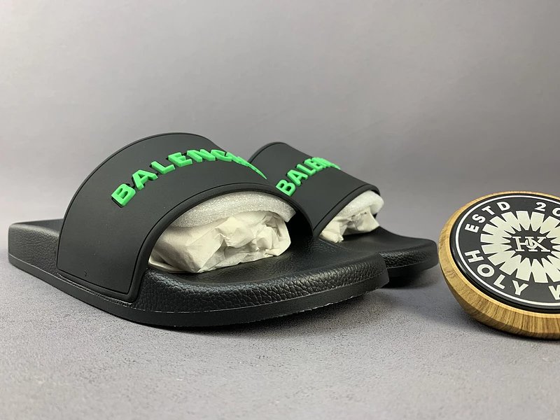Holy Kicks x BALENCIAGA Slide Sandals Black with Neon Green Logo Slippers - 2