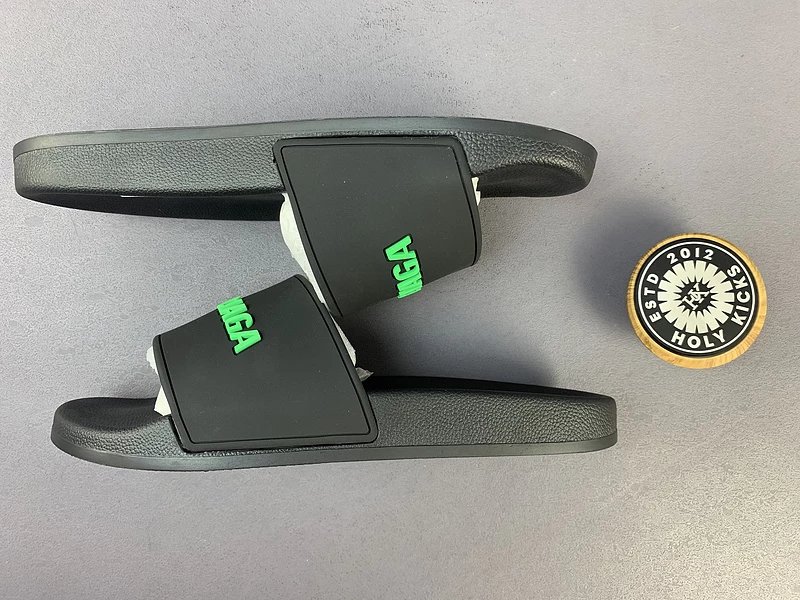 Holy Kicks x BALENCIAGA Slide Sandals Black with Neon Green Logo Slippers - 12