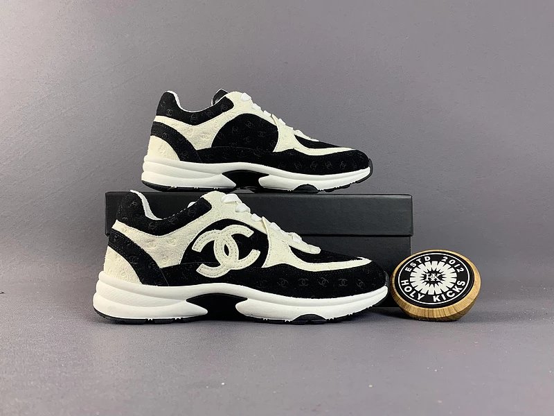 Chanel black and white color-blocked CC Logo platform sneakers