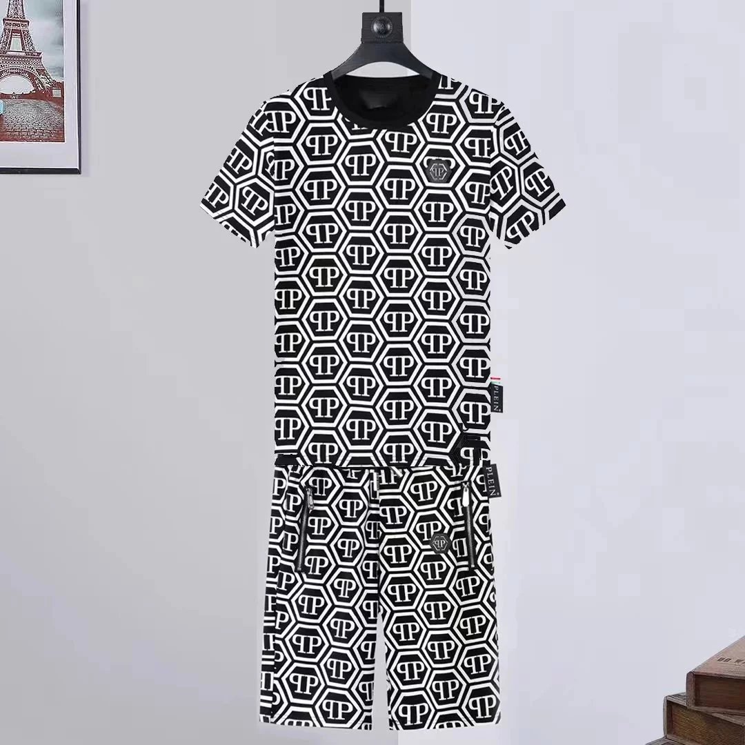 Philipp Plein PP Hexagon Print White and Black T-Shirt and Shorts Set - 15