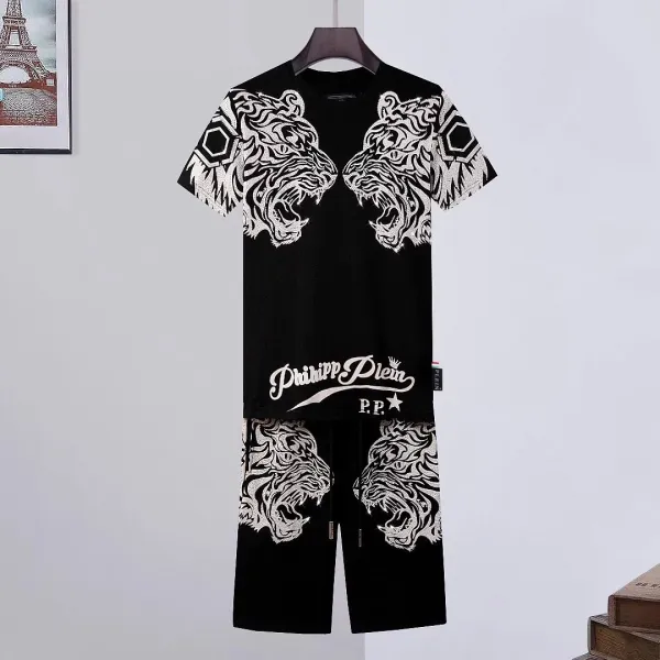 Philipp Plein PP Hexagon Print White and Black T-Shirt and Shorts Set - 16