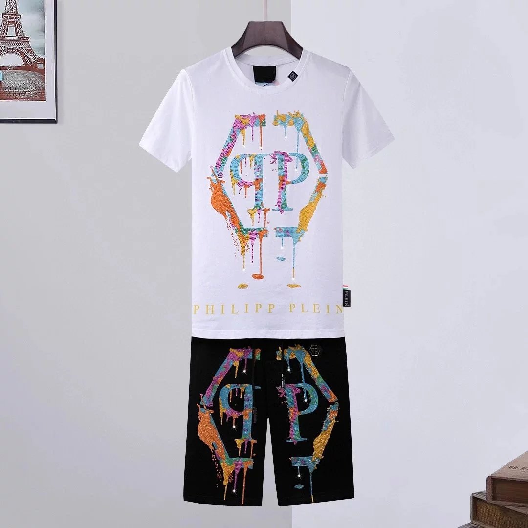 Philipp Plein PP Hexagon Print White and Black T-Shirt and Shorts Set - 17