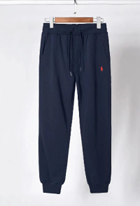 Navy blue pants with a red label
