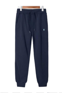 Navy blue pants with a white label