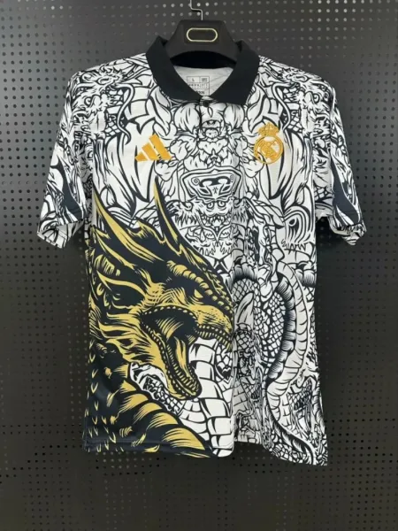 Adidas x Real Madrid Dragon Print Polo White / Black / Gold Polo Shirt - 1