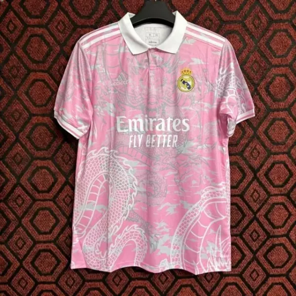 Real Madrid x Adidas 2023-24 Third Jersey Pink Dragon Print Polo - 1