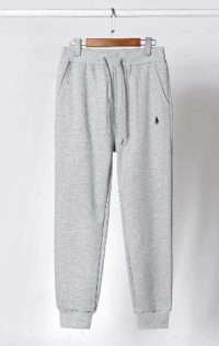 Pants, gray with a blue label.
