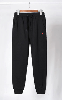 Black pants with a red label