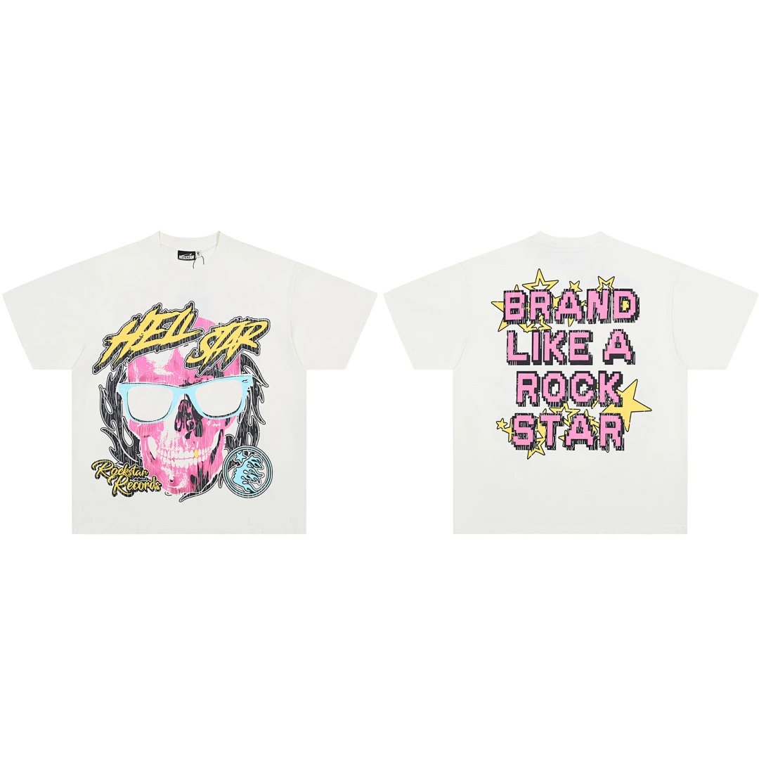 Hellstar Rockstar Records T-shirt Pink Skull Sunglasses White