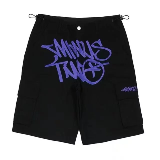 Minus Two Graffiti Script Cargo Shorts Black Purple