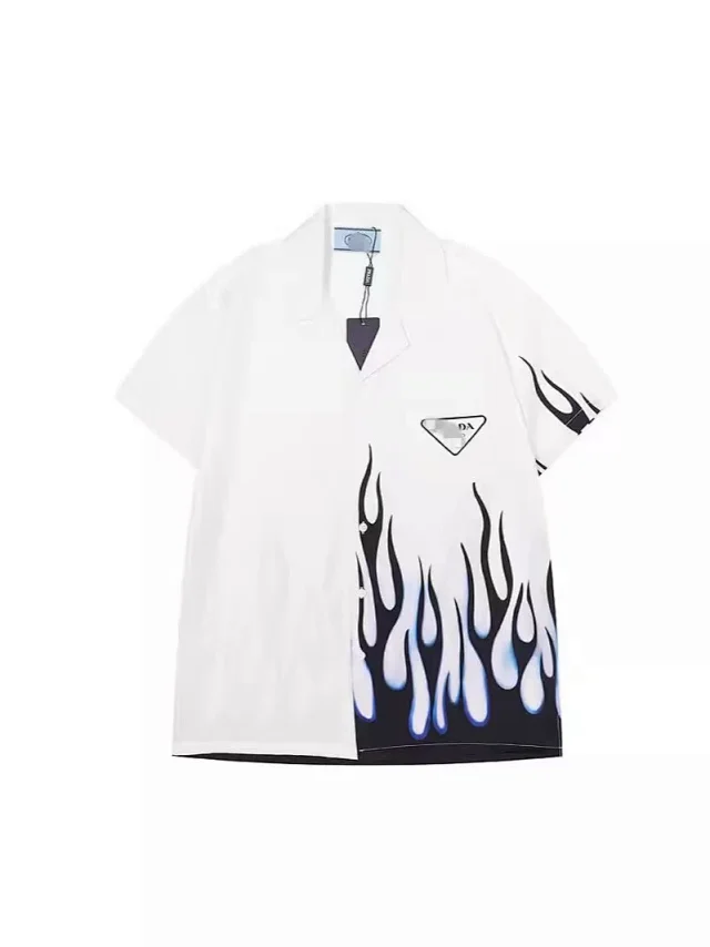 Prada Shirts Short-sleeve collared button-up with logo plaque or graphic print product detail image 4
