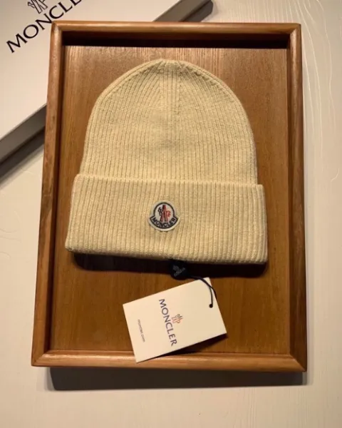 Moncler Beanie Hat in Off-White with Logo Patch - 1