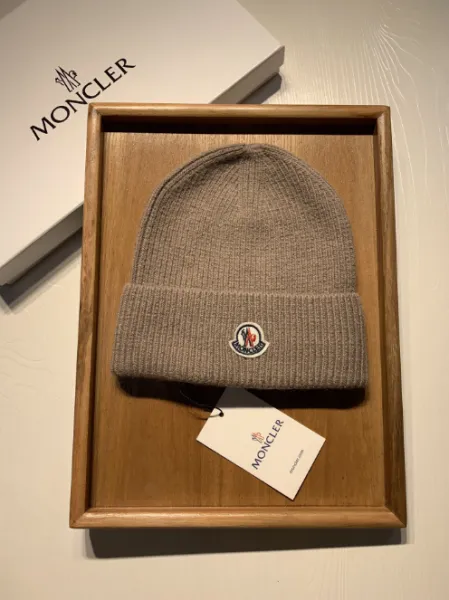 Moncler Logo Beanie Beige Knit Hat - 1