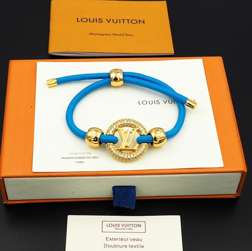 Louis Vuitton Monogram World Tour LV Logo Bracelet Pink and Blue Braided Cord Jewelry - 11