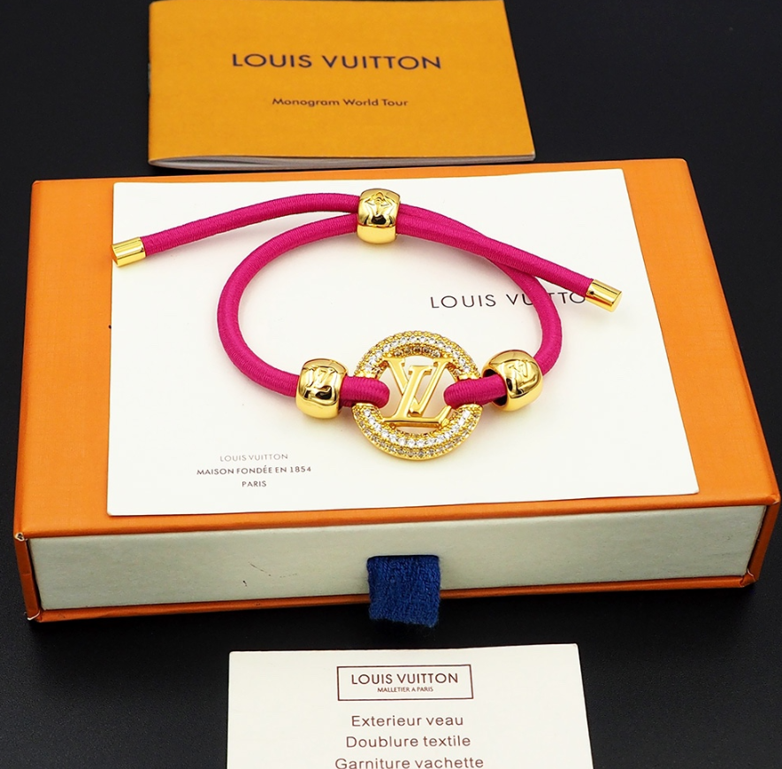 Louis Vuitton Monogram World Tour LV Logo Bracelet Pink and Blue Braided Cord Jewelry - 10