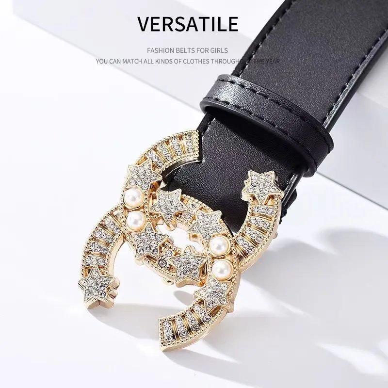 Chanel CC Star Pearl Crystal Logo Belt Black Gold