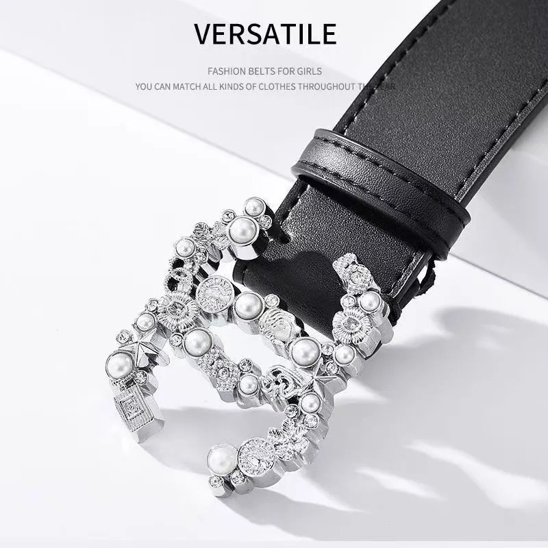 Chanel CC Pearl Crystal Charm Logo Belt Black Silver