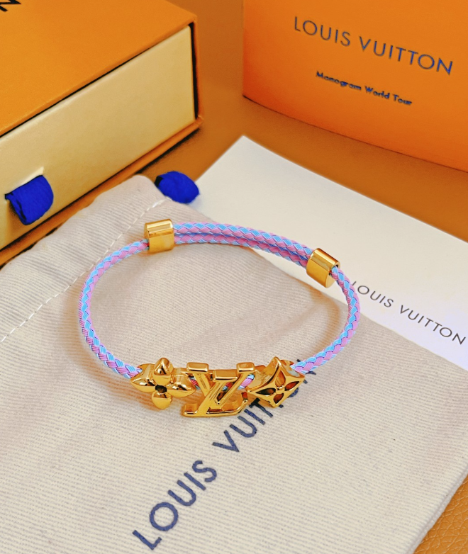 Louis Vuitton Monogram World Tour LV Logo Bracelet Pink and Blue Braided Cord Jewelry - 8