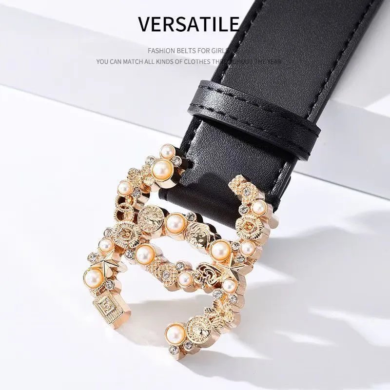 Chanel CC Pearl Crystal Charm Logo Belt Black Gold