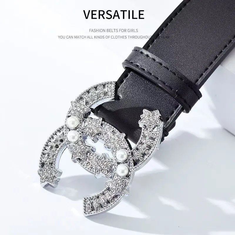 Chanel CC Star Pearl Crystal Logo Belt Black Silver