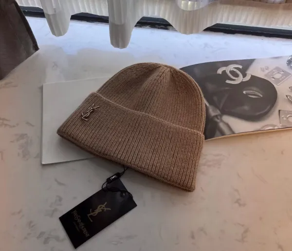 Saint Laurent Monogram Beanie Beige Knit Hat - 1