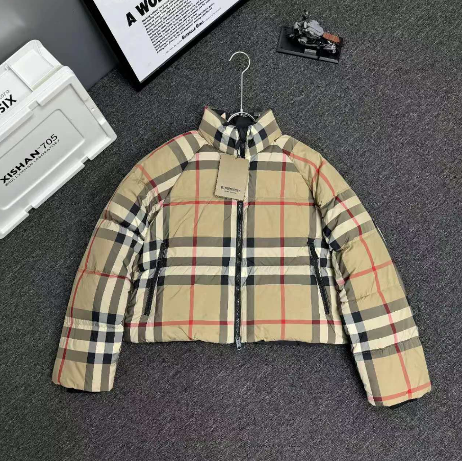 Burberry Classic Check Down Jacket Navy Blue Plaid Parka - 11