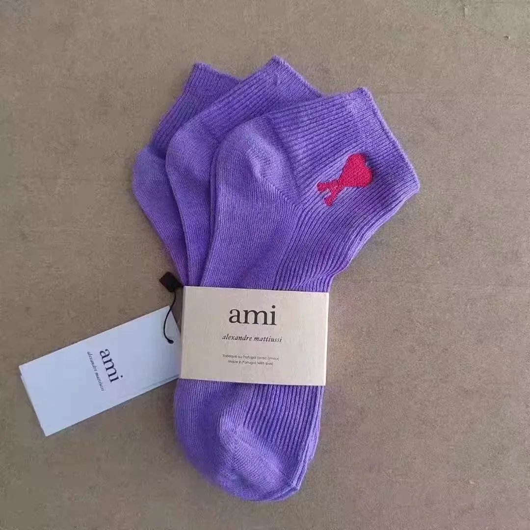 Ami Paris De Coeur Ankle Socks Grey Marl Red