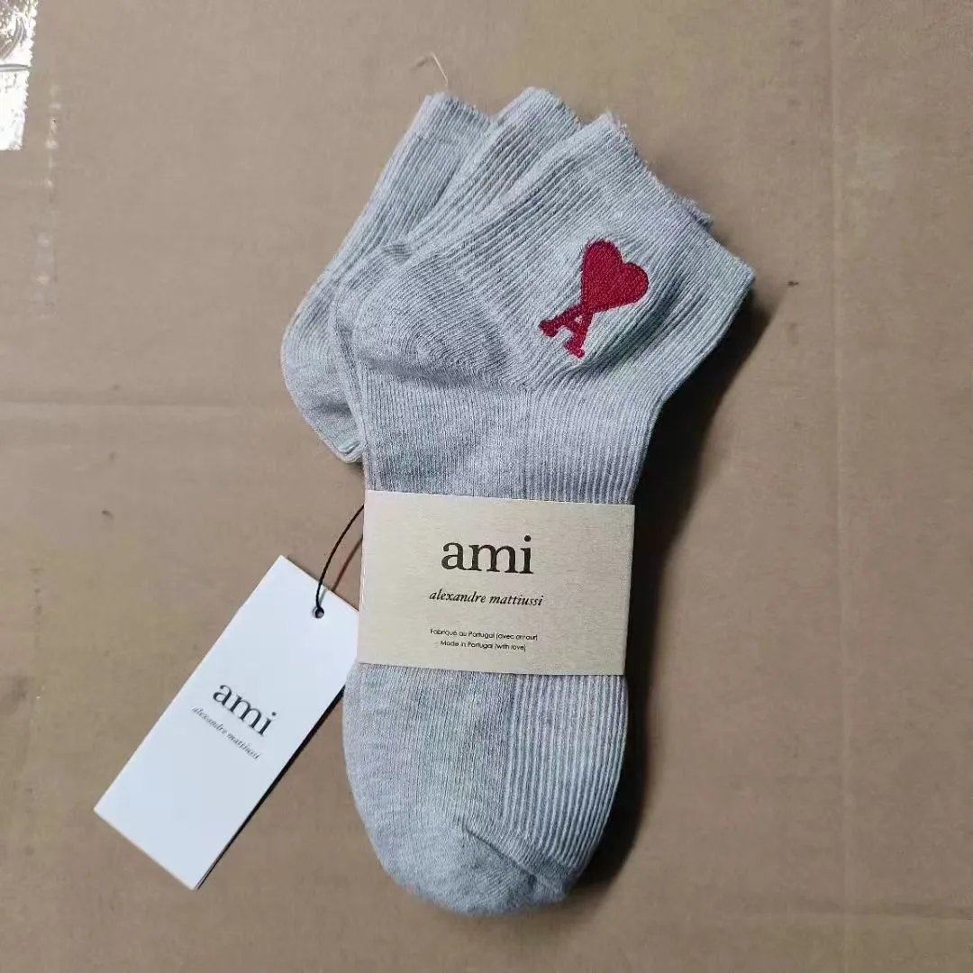 Ami Paris De Coeur Ankle Socks Grey Heather Red