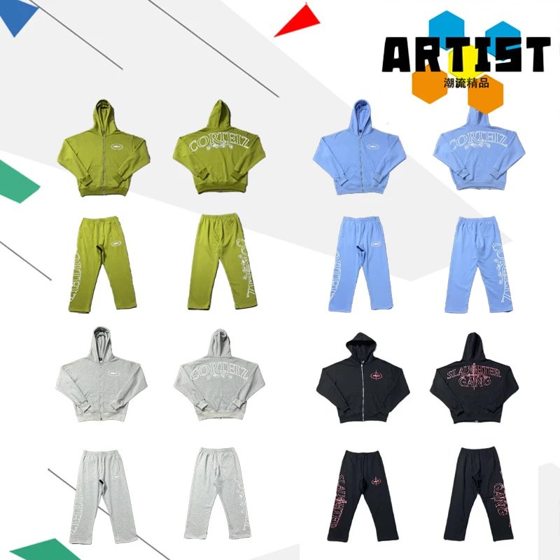 New retro printed loose cardigan loose hooded sweatshirt casual pants set for men