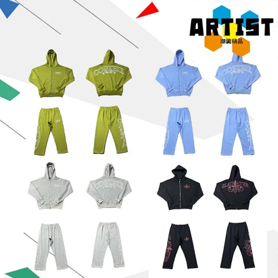 New retro printed loose cardigan loose hooded sweatshirt casual pants set for men