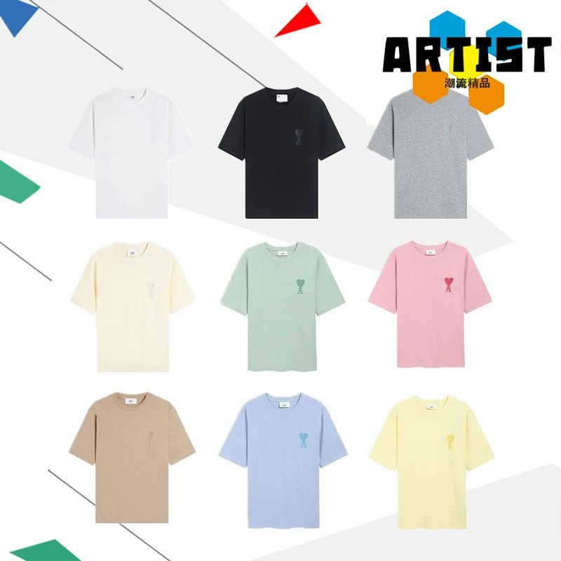 【 First bullet 】 Small heart embroidered short sleeved celebrity style round neck T-shirt for summer casual loose and versatile pure cotton couple outfit