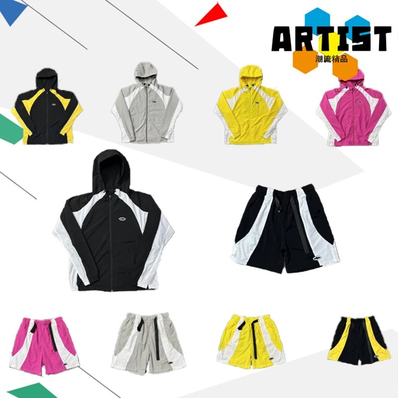 New Badge Color-Block Windbreaker Light Jacket Unisex Loose Fit Athletic Shorts Casual Set