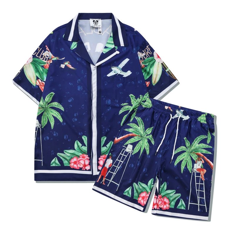 Unbranded Matching Sets Short-Sleeve Printed Shirt and Shorts Set — 27 Blue and Green Palm Tree