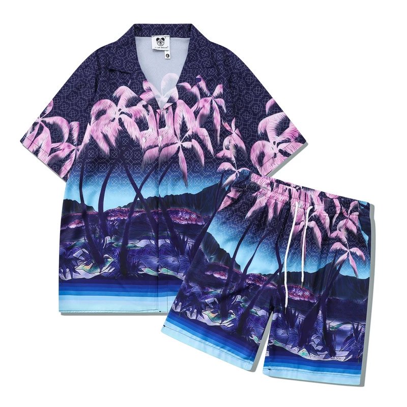 Unbranded Matching Sets Short-Sleeve Printed Shirt and Shorts Set — 21 Blue and Purple Palm Tree