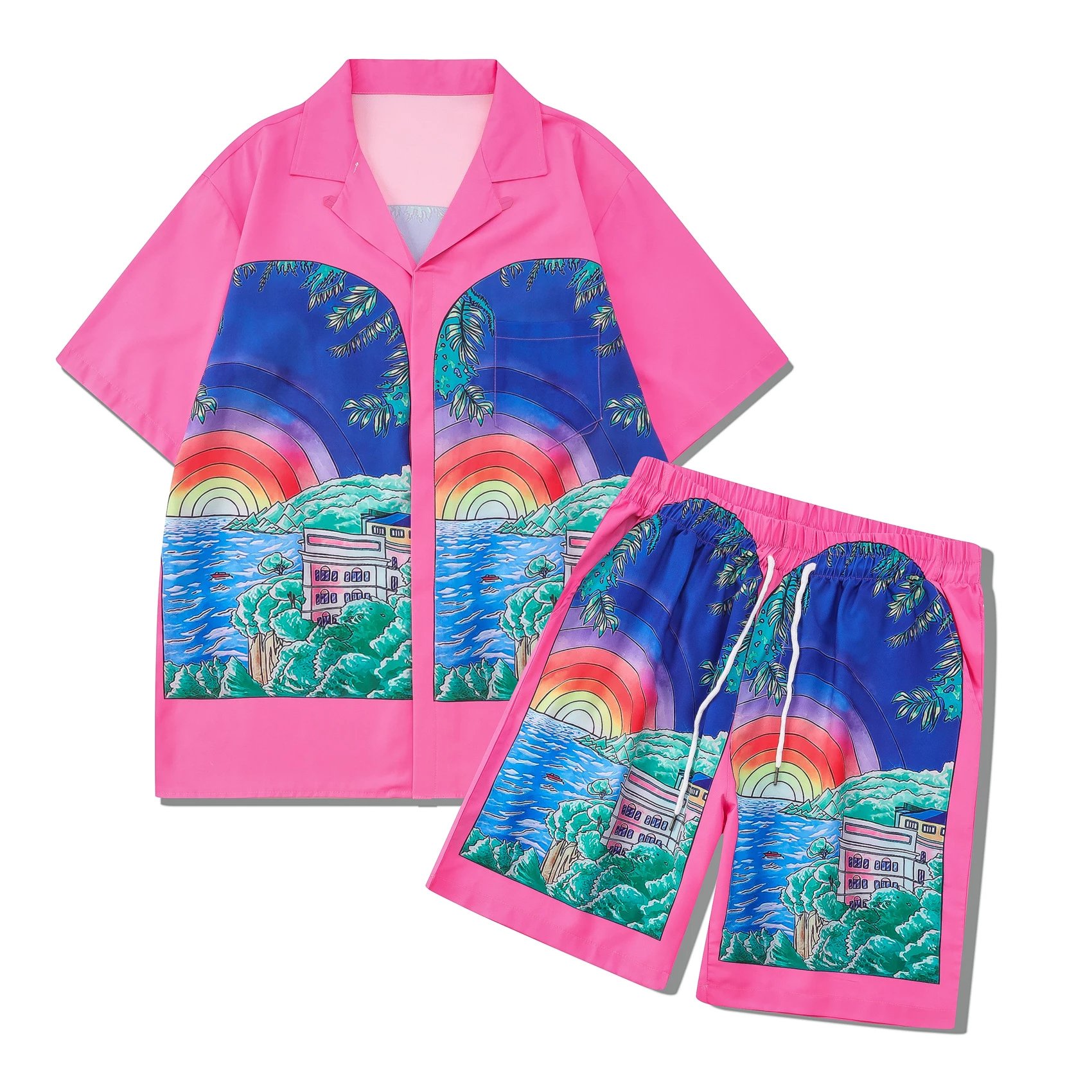 Unbranded Matching Sets Short-Sleeve Printed Shirt and Shorts Set — 34 Pink, Blue and Green