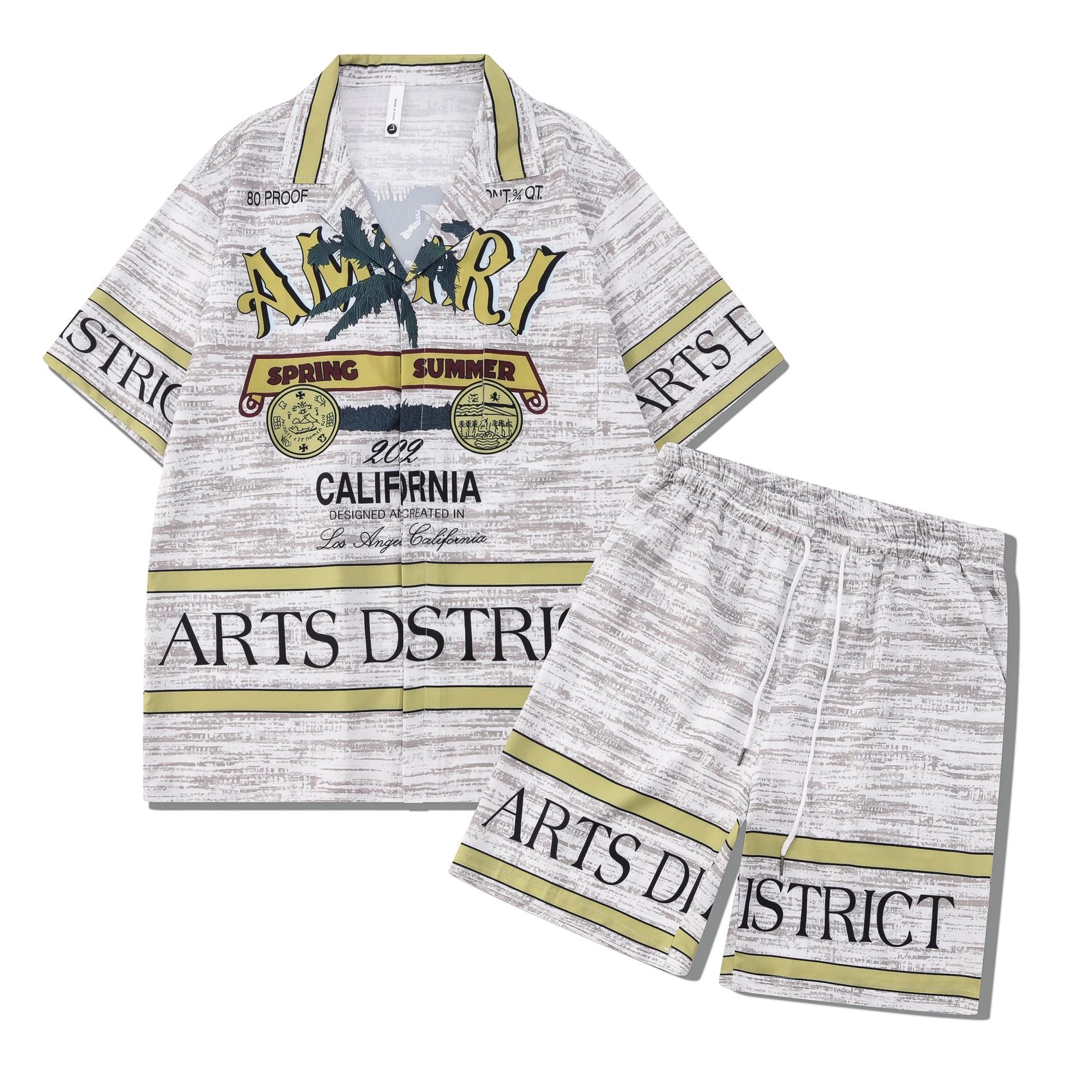 Unbranded Matching Sets Short-Sleeve Printed Shirt and Shorts Set — 33 Grey and Green