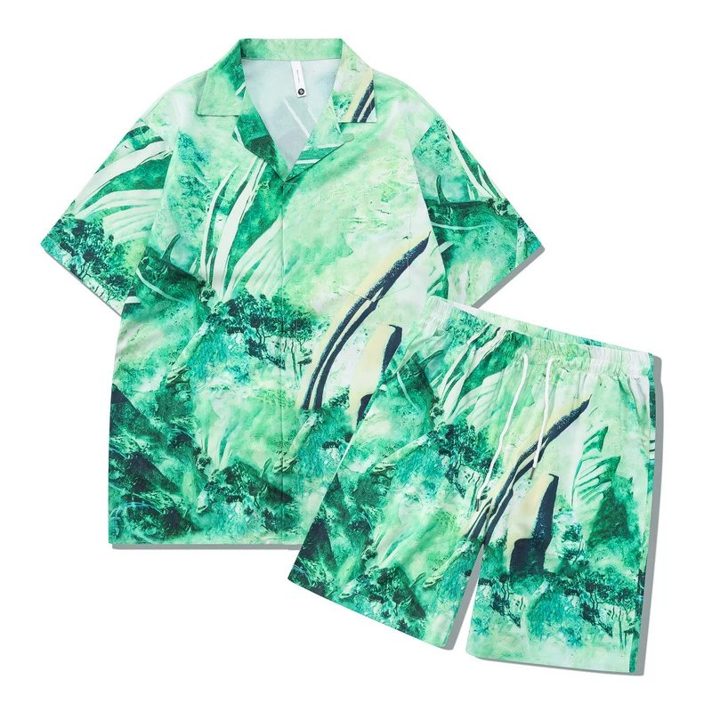 Unbranded Matching Sets Short-Sleeve Printed Shirt and Shorts Set — 19 Green