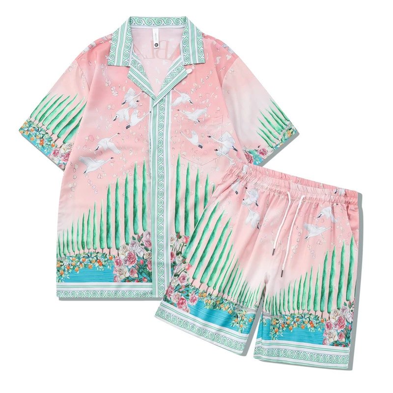 Unbranded Matching Sets Short-Sleeve Printed Shirt and Shorts Set — 25 Pink and Green
