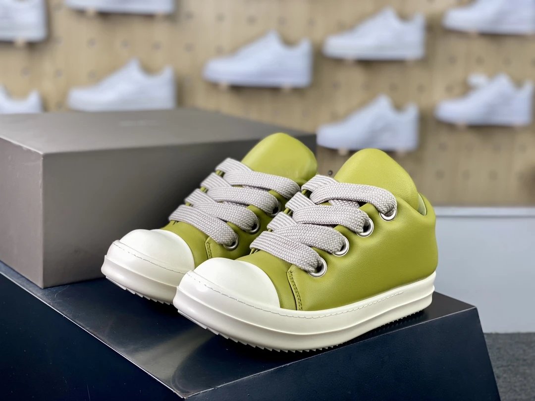 Rick Owens Sneakers Low-Top Lace-Up Canvas — RO Watermelon-Head Light Green Bread Shoes