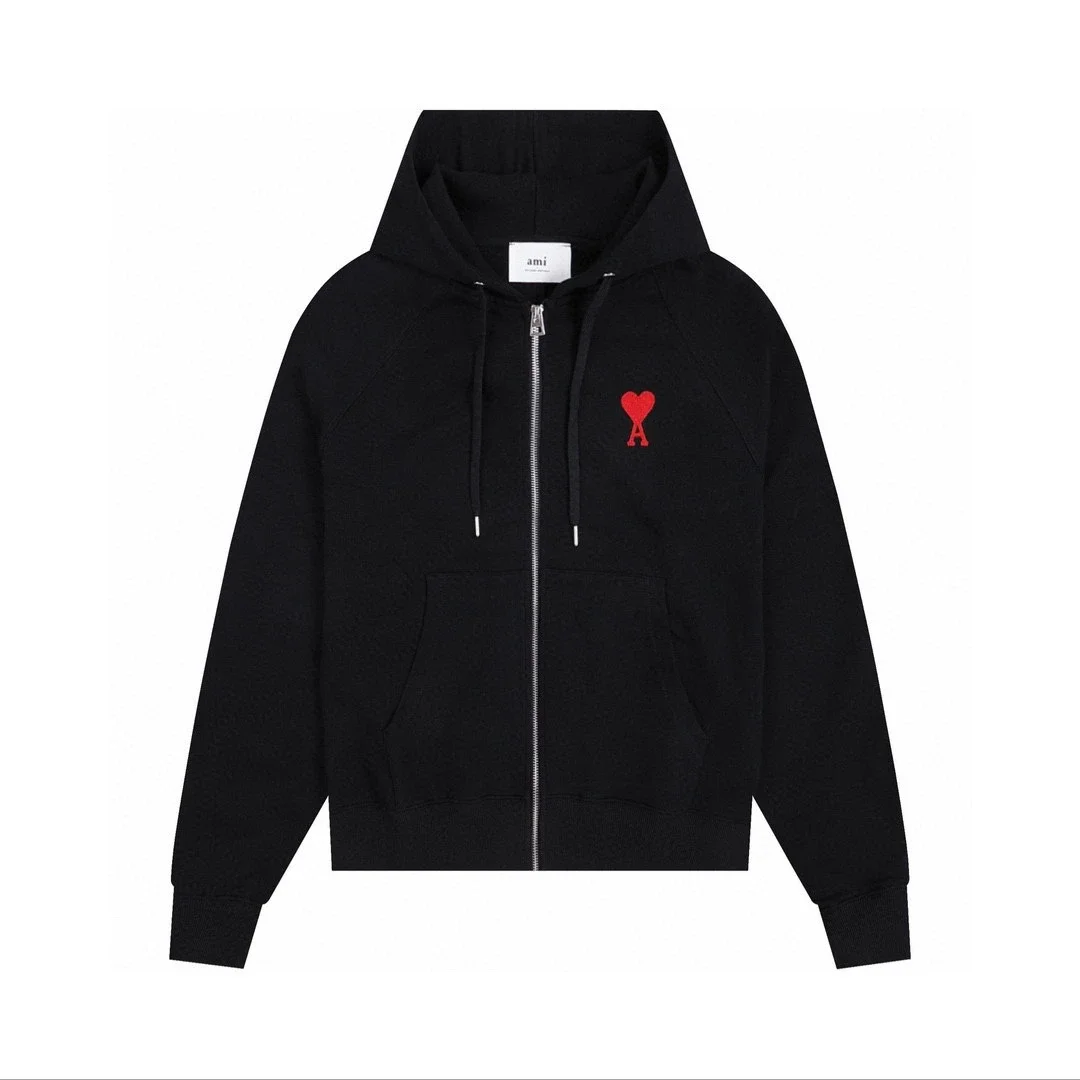 AMI Paris Khaki Zip-Up Hoodie with Small Red Heart - rep Ami Paris
